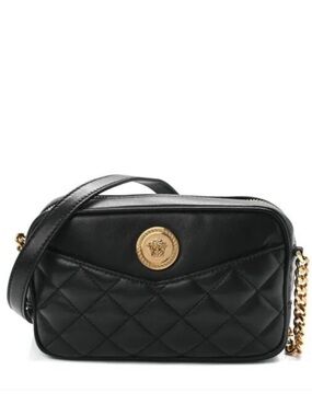 NEW Versace Black Quilted Nappa Crossbody with Gold Medallion